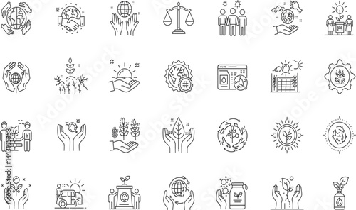 Fair Trade, Sustainability line icon set. Vector pictograms of ethical practices, eco-friendly initiatives, global responsibility