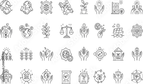 Fair Trade, Sustainability line icon set. Vector pictograms of ethical practices, eco-friendly initiatives, global responsibility