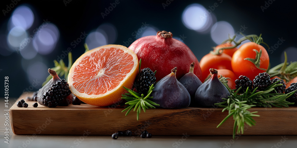 Frisches Obst und Gemüse auf dunklem Holztablett mit Grapefruit, Feigen und Rosmarin