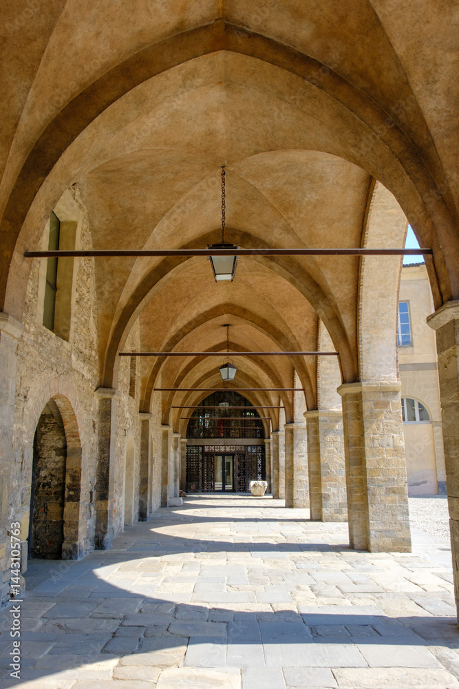 Old buildings along piazza della Cittadella at Bergamo, Italy