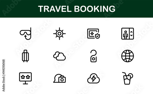 Premium Travel Reservation and Trip Planning Icon Set. Modern Vector Illustrations for Vacation, Hotel, Flight, and Transportation Design