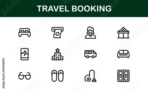Premium Travel Reservation and Trip Planning Icon Set. Modern Vector Illustrations for Vacation, Hotel, Flight, and Transportation Design