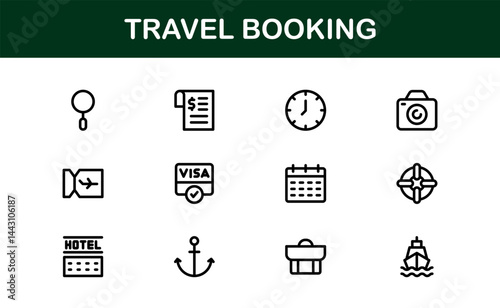 Premium Travel Reservation and Trip Planning Icon Set. Modern Vector Illustrations for Vacation, Hotel, Flight, and Transportation Design