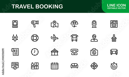 Premium Travel Reservation and Trip Planning Icon Set. Modern Vector Illustrations for Vacation, Hotel, Flight, and Transportation Design