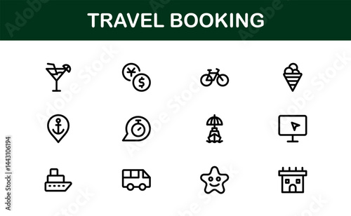 Premium Travel Reservation and Trip Planning Icon Set. Modern Vector Illustrations for Vacation, Hotel, Flight, and Transportation Design