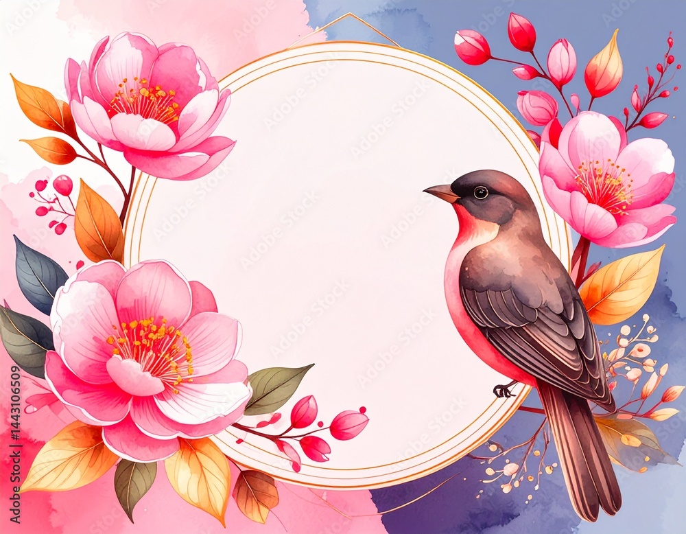 Round frame with flowers and a bird