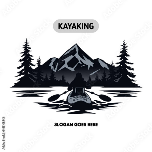 Logo design of a man kayaking on a river with scenic mountain and forest background