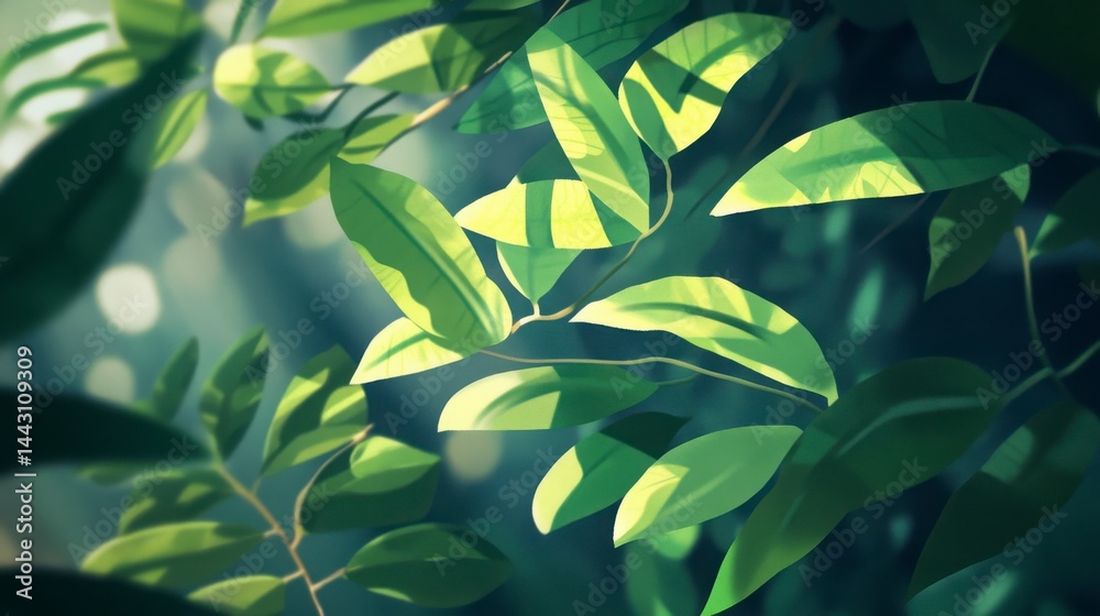 Detailed Green Leaves Sunlight Branch Digital Painting Detailed Green Leaves Sunlight Branch Digital Painting