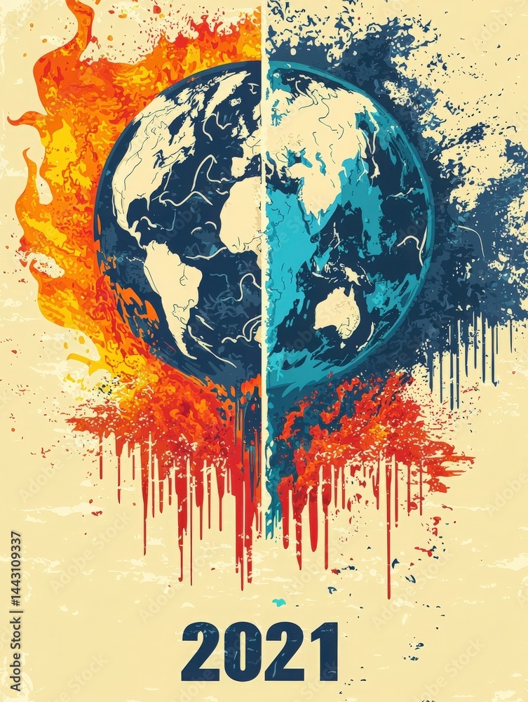 Fototapeta premium This artwork depicts the Earth split in half, with one side representing fire and destruction, and the other side signifying water and sustainability. It emphasizes the climate issues faced in 2021.
