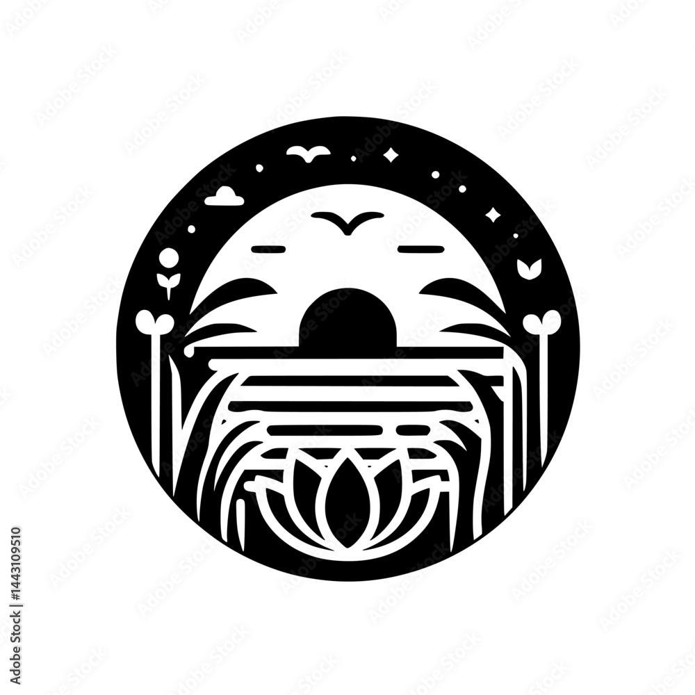 Obraz premium Minimalist Circle Design: Sunset, Lotus & Nature Elements