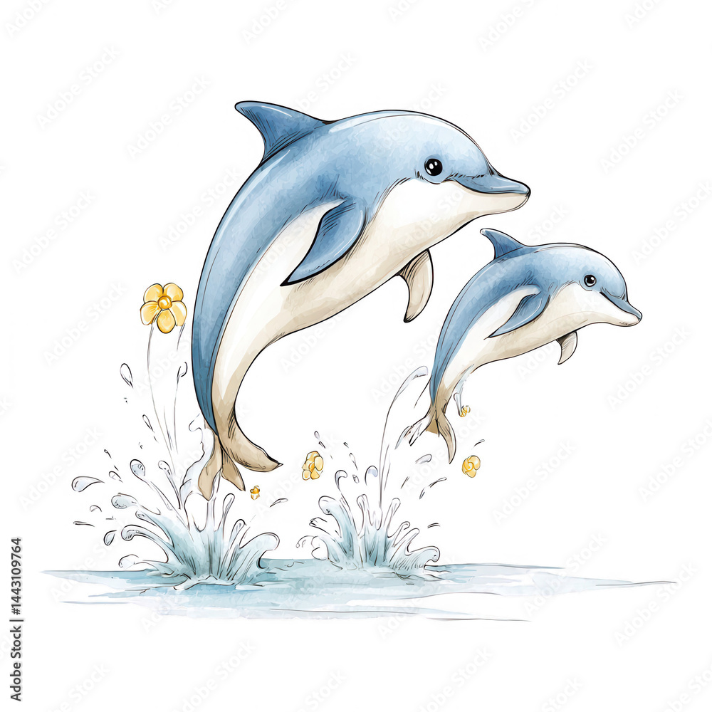 Fototapeta premium Two playful dolphins jump joyfully from the water with floral accents nearby.