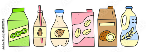 Set of doodle plant based milk isolated on white background. Soy, oat, coconut, rice, almond, hazelnut milk. Alternative vegan beverages. Plant calcium sources. Healthy nutrition.