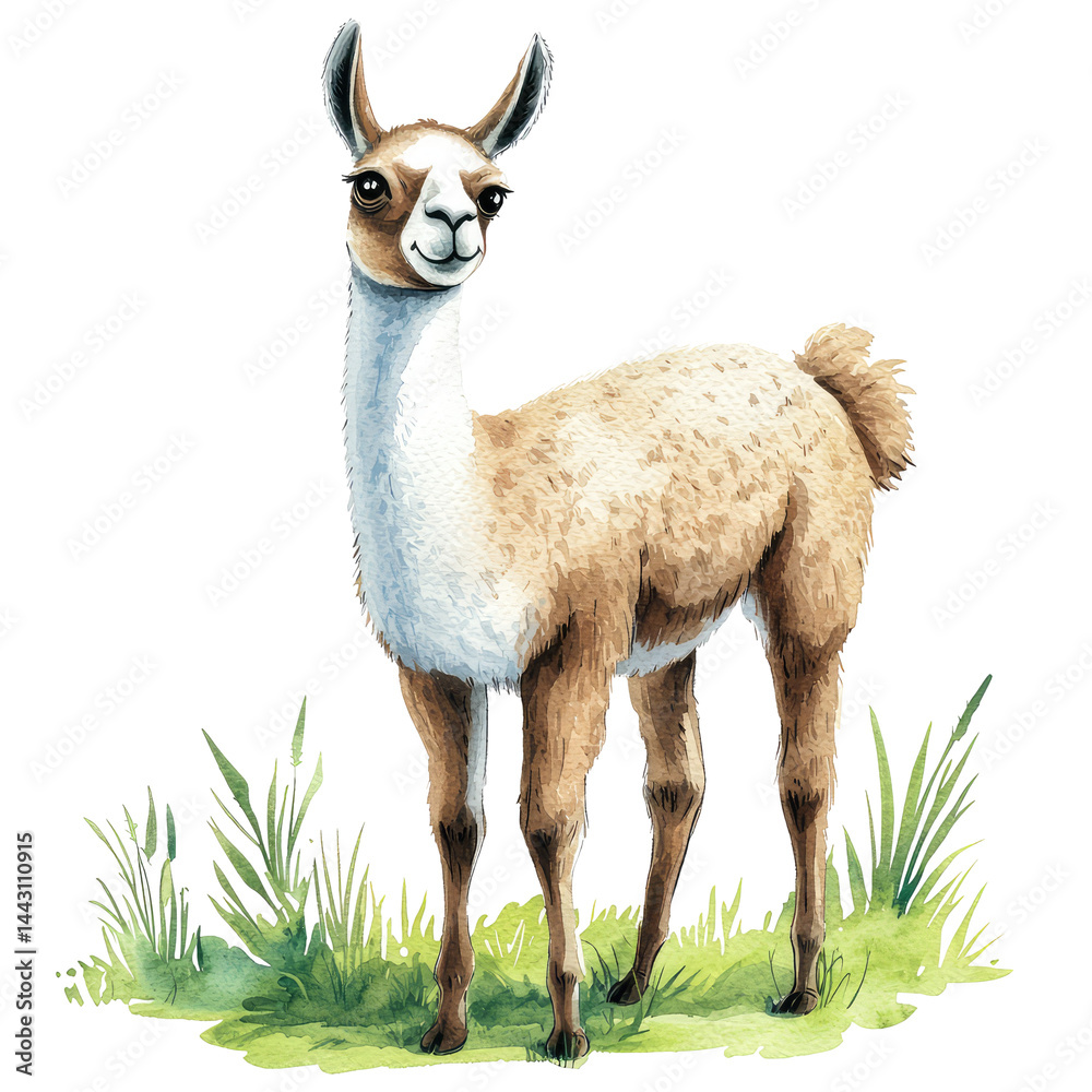 Obraz premium Cute Isolated Llama Standing in a Green Meadow Surrounded by Grass and Nature in a Colorful and Vibrant Illustration