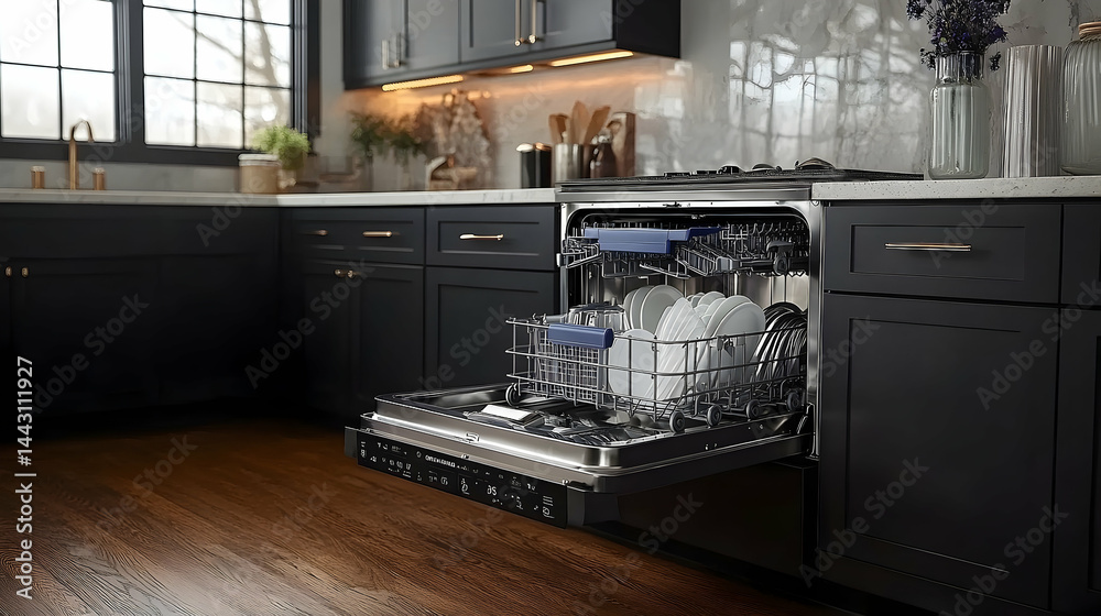 Open dishwasher in modern kitchen Open dishwasher in modern kitchen