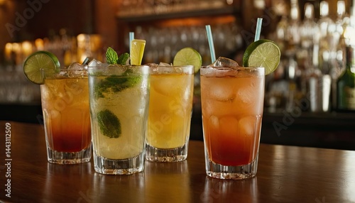 Refreshing cocktails assortment with lime and mint served on a bar counter