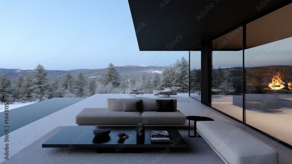 Fototapeta premium Modern minimalist villa terrace with luxury outdoor furniture overlooks a snowy pine forest during winter dusk.