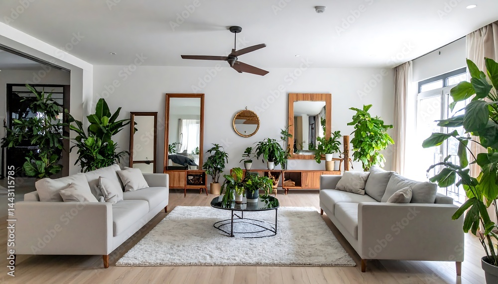 Fototapeta premium Modern living room with plants, mirrors, and sofas,comfortable, furniture, living room, shade, shelf, sunlight, modern, vase, design, plant, aesthetic, apartment, backgrounds, calm, 