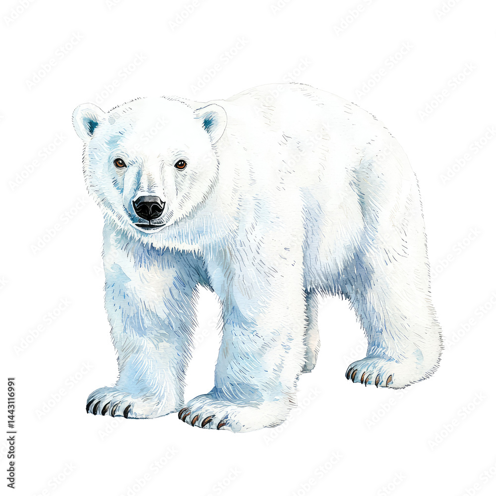 Fototapeta premium Isolated Polar Bear in a Snowy Landscape, Strong and Majestic, Facing Forward with Bright White Fur and Gentle Expression