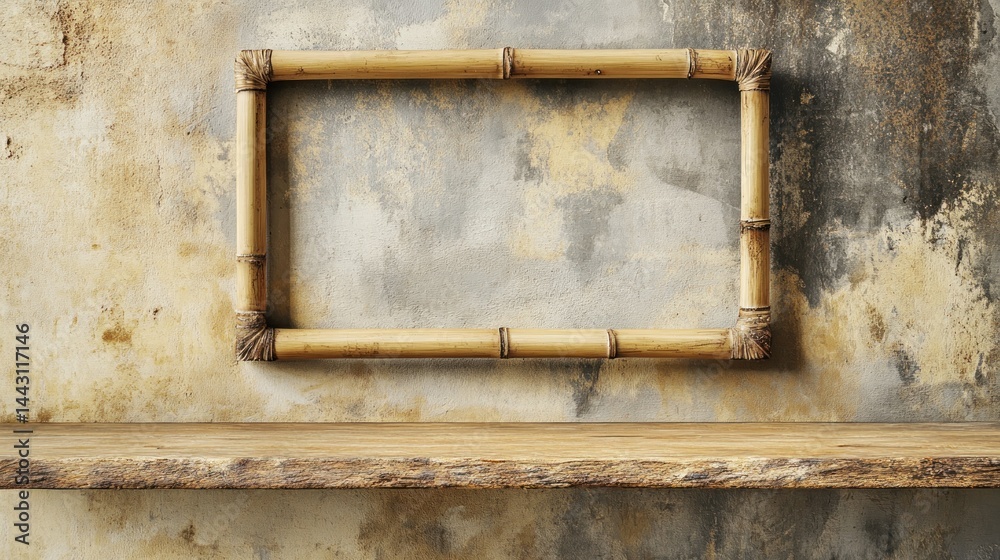 Naklejka premium Rustic Bamboo Frame on Wooden Shelf Against Textured Wall