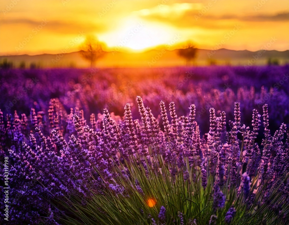 Naklejka premium lavender field in sunset