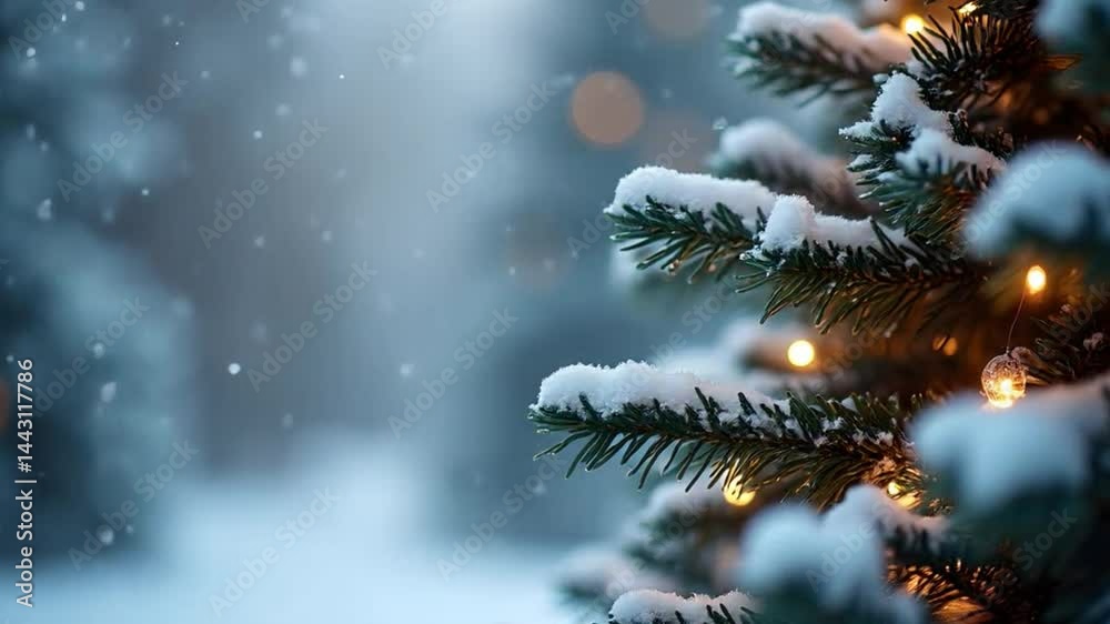 Snow-covered pine tree branch with warm lights in a serene winter scenery