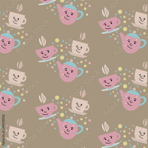 seamless pattern with teapot and cup of coffee on beige background cute cartoon character, happy tea cups with funny faces flat vector. pattern