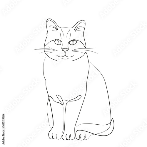 Sitting cat line art drawing on white background. Stylized cat sit peacefully. Isolated vector illustration. Elegant cat minimalist black line drawing. Lines form the contour. Classic feline pose.