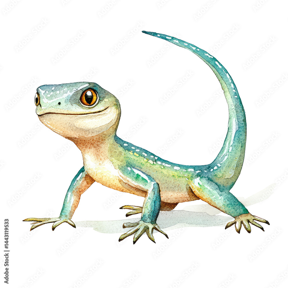 Fototapeta premium Isolated Skink Sitting on Branch with Vibrant Colors in Watercolor Style, Nature Illustration
