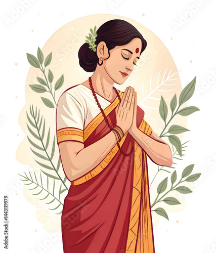 A Indian women wearing saree namaste pose Vector illustration.