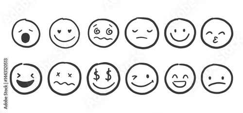 Hand draw emoticon black face set. Doodle collection of different black emoticon illustration