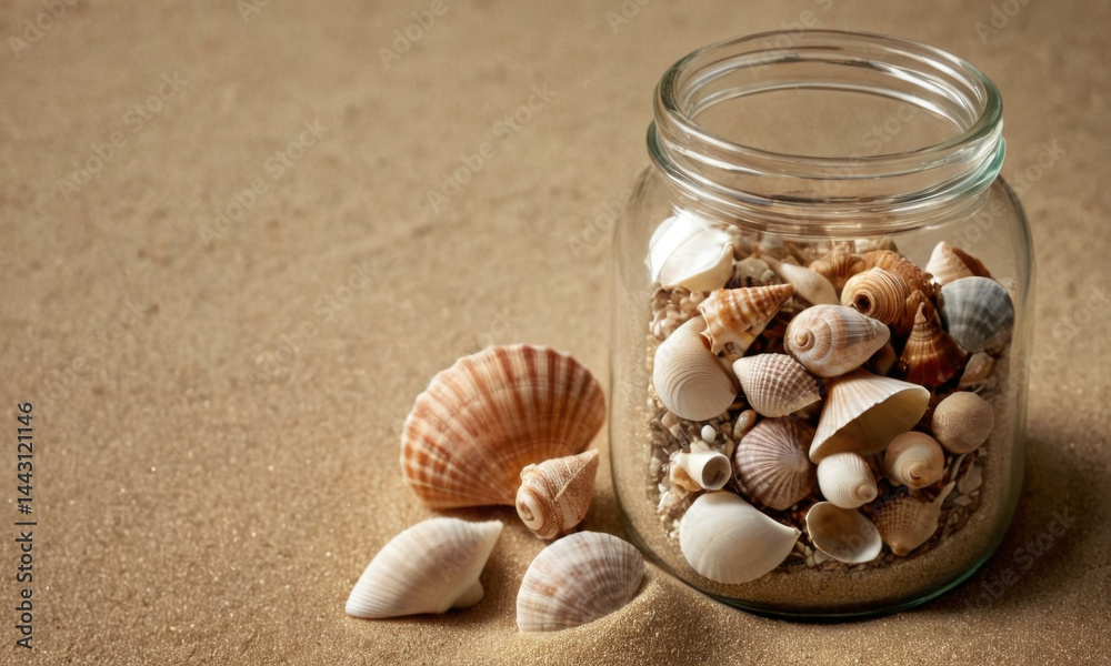 A glass jar filled with shells sits on a table, perfect for decoration or display