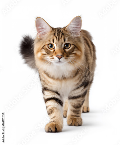 American bobtail cat with walking, isolated in a white background cutout