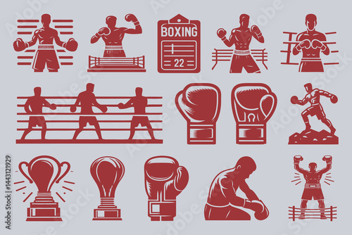 This set features a collection of vintage-style boxing icons in a classic red color scheme.