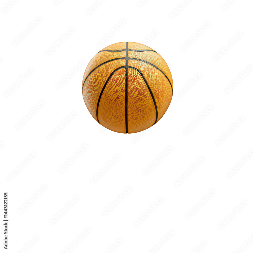Fototapeta premium A textured orange basketball with black lines is isolated on white backdrop.