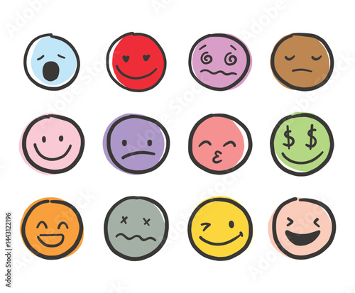 Hand draw emoticon face set. Doodle collection of different colors emoticon illustration