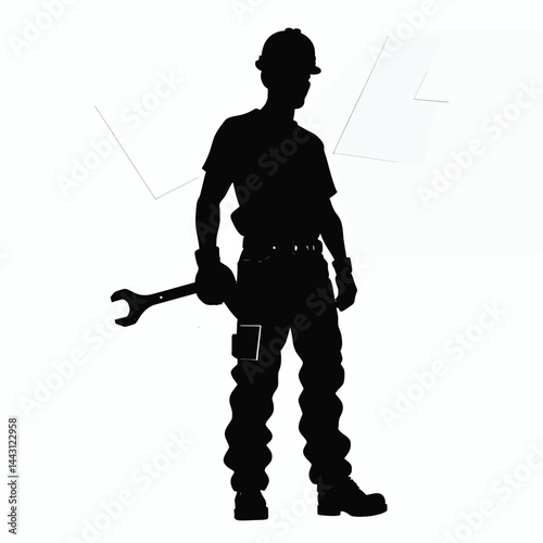 Silhouette of a Construction Worker with Hard Hat and Wrench_Ideal for Construction Industry Visuals_Depicting Skilled Trades and Labor Force in Design Projects