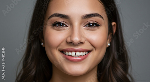Radiant woman smiling brightly with a natural diastema, standing against a soft gray studio backdrop