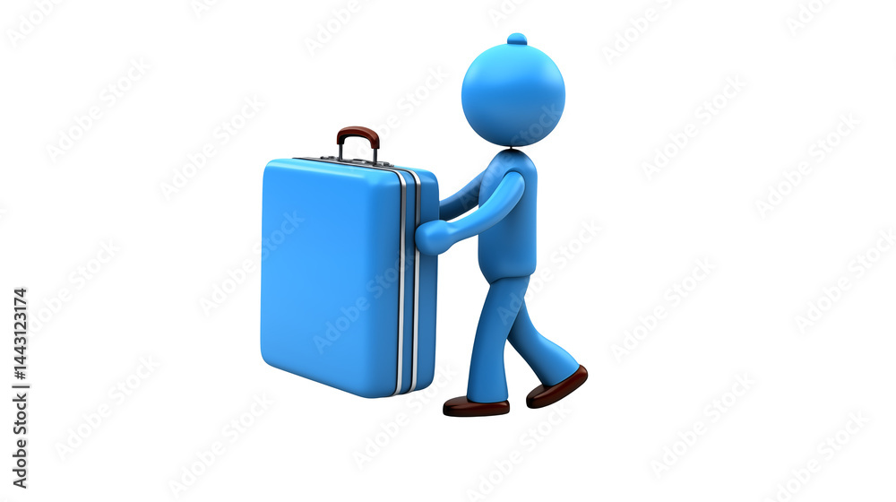 A blue figure pushing a large suitcase isolated on transparent background A blue figure pushing a large suitcase isolated on transparent background