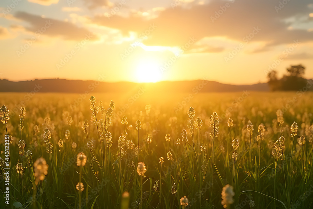 Naklejka premium Serene landscape of a blooming countryside field during golden hour, featuring soft sunbeams and professionally balanced elements 