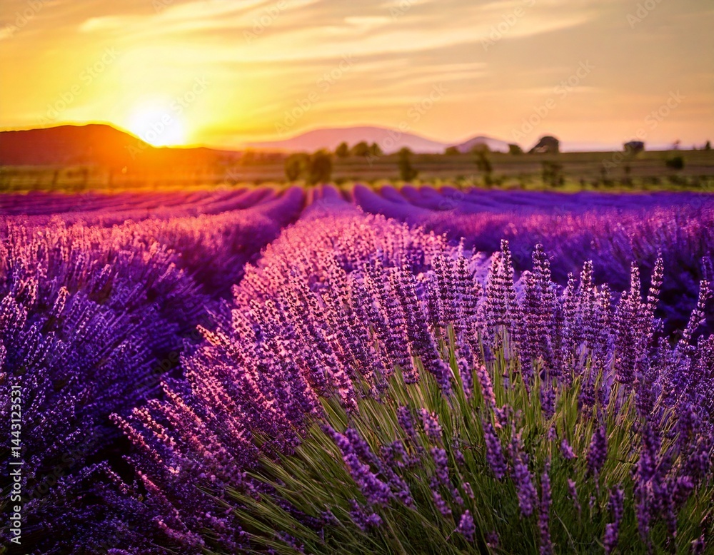 Obraz premium Lavender flowers - Sunset over a summer purple lavender field . Bunch of scented flowers 