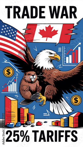 A political cartoon depicting a trade war with an eagle and beaver representing countries with tariffs and graphs.