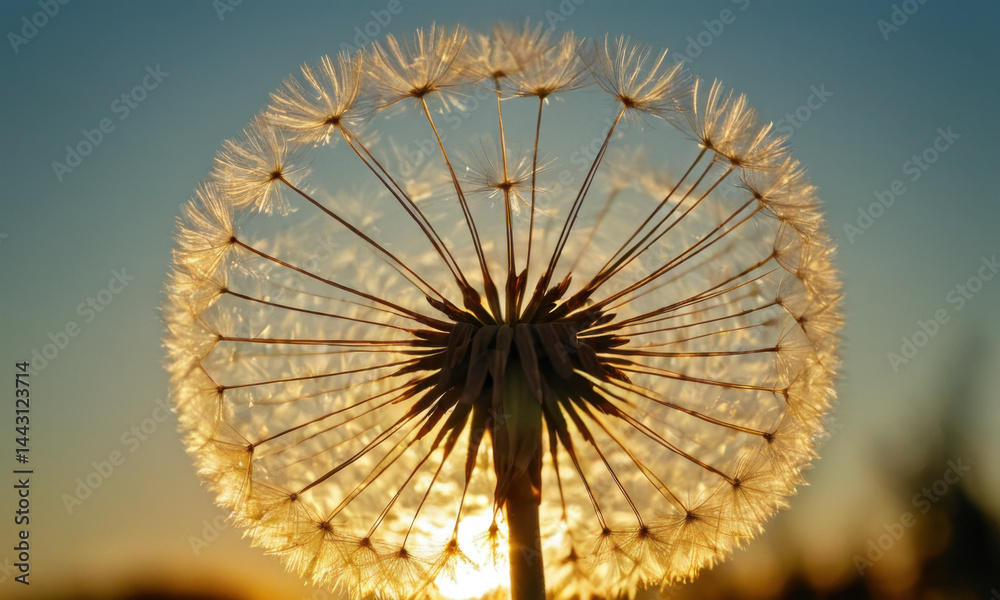 A close-up view of a dandelion flower with the sun shining brightly in the background