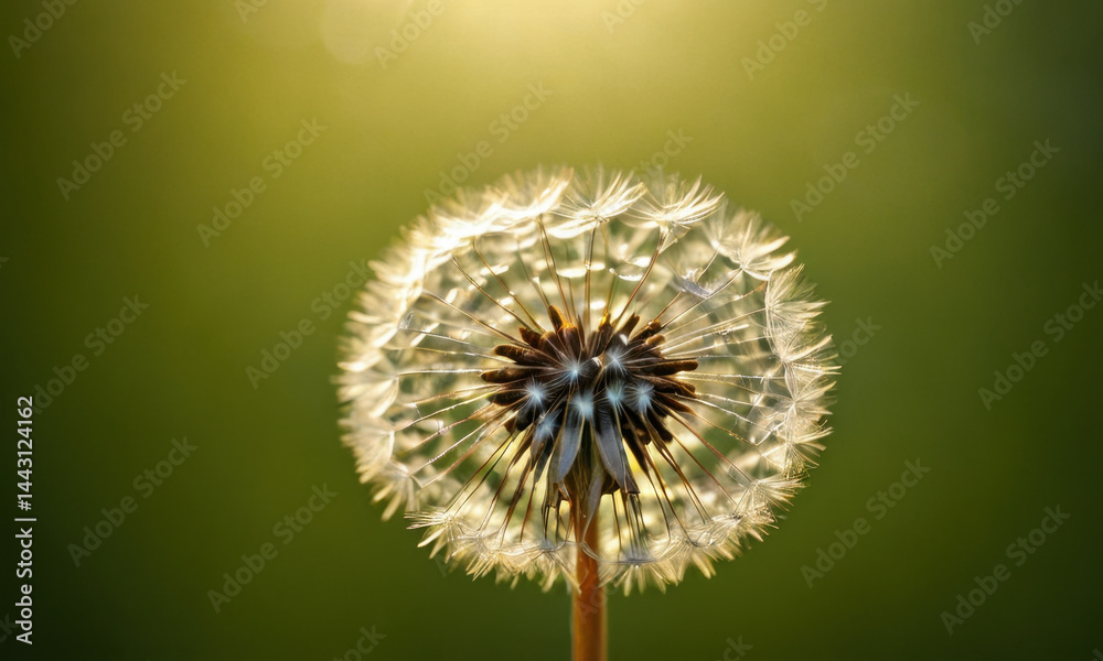 A close-up shot of a single dandelion flower on a green background