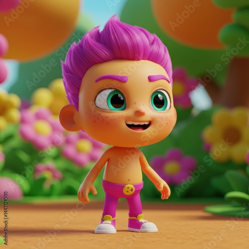 Happy 3D Character with Pink Hair in Colorful Garden