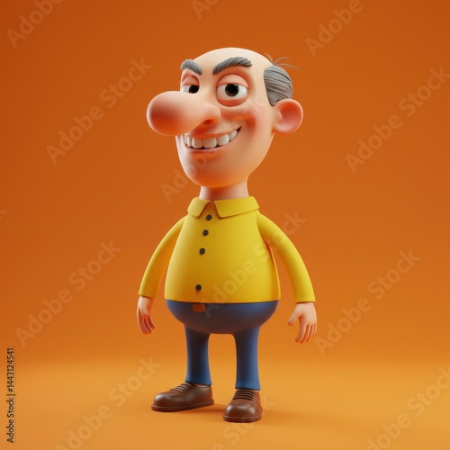 Smiling Elderly Cartoon Man on Orange Background