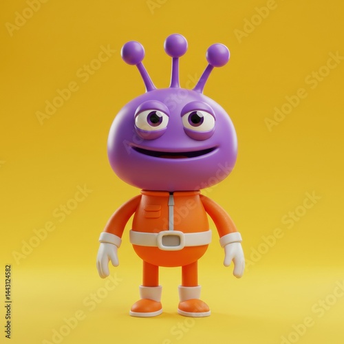 Purple Alien Character with Orange Suit on Yellow Background