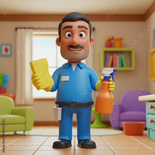 Cartoon Cleaning Worker with Vacuum and Tools in Playroom