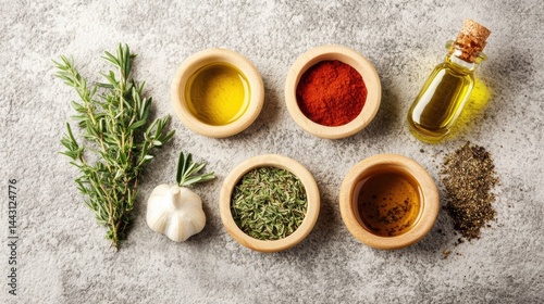 Wallpaper Mural Flat lay of assorted spices and herbs in bowls on textured background with olive oil and chili powder Torontodigital.ca