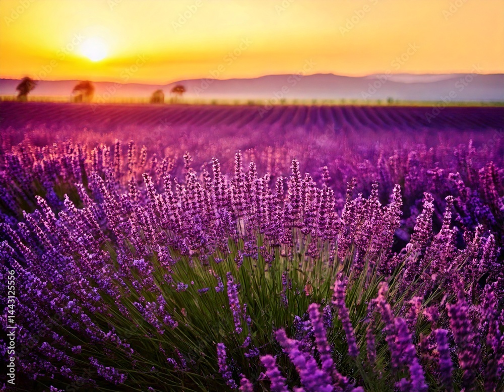 Obraz premium Lavender flowers - Sunset over a summer purple lavender field . Bunch of scented flowers 