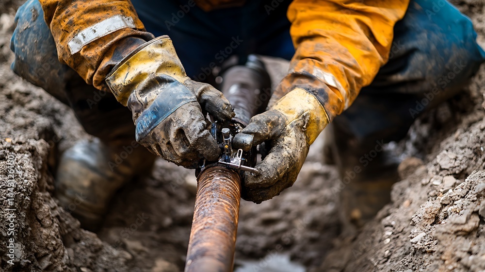Worker Repairing Underground Pipeline